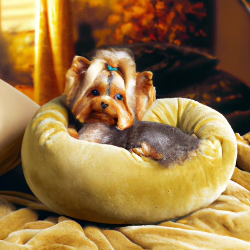 1. כלב קטן מכורבל בנוחות על מיטת חיזוק קטיפה.